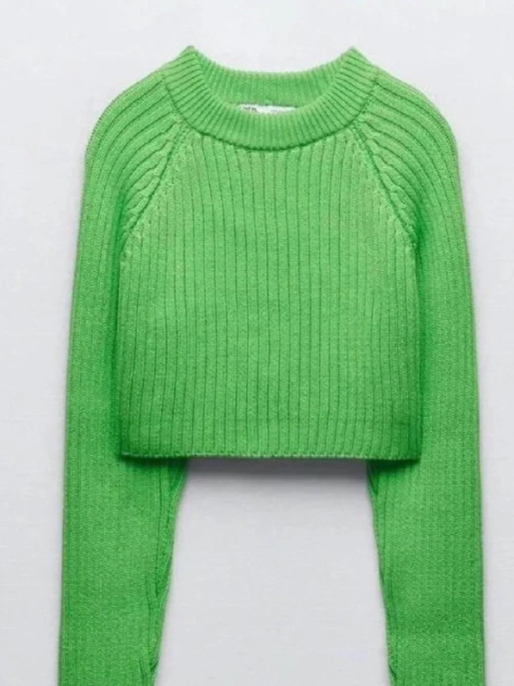 Zara Cropped Ribbed Crewneck Sweater Lime Green Size XS